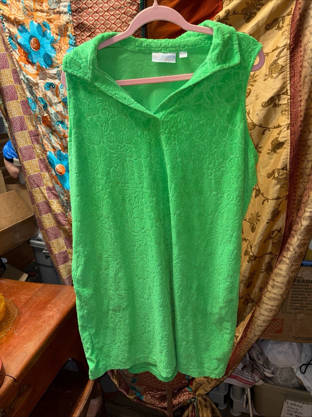 Retro Belle Beach Kim Gravel terry cloth dress swim cover up green pockets 1x